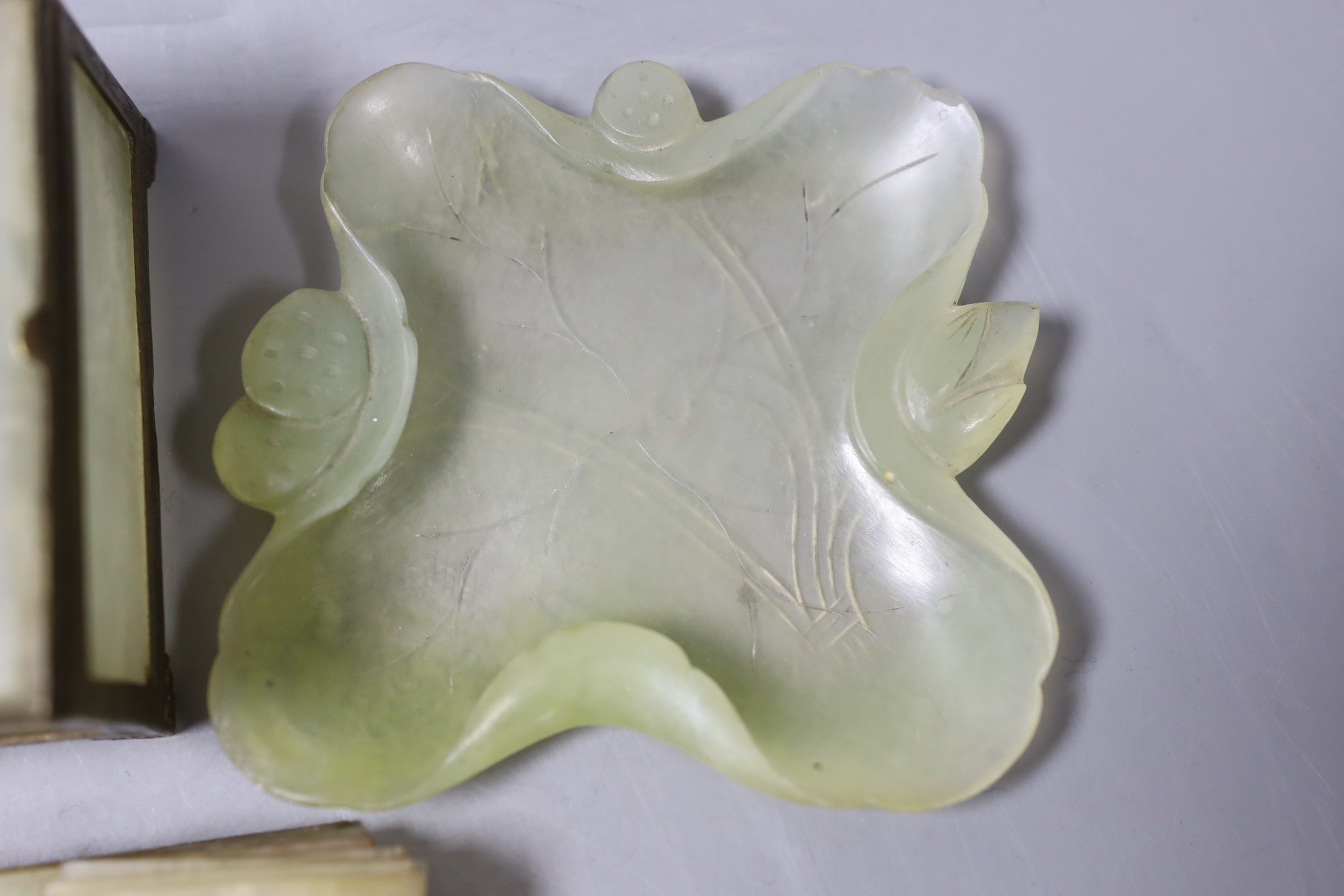 A group of Chinese bowenite jade items; a box, brushwasher etc and a porcelain bowl